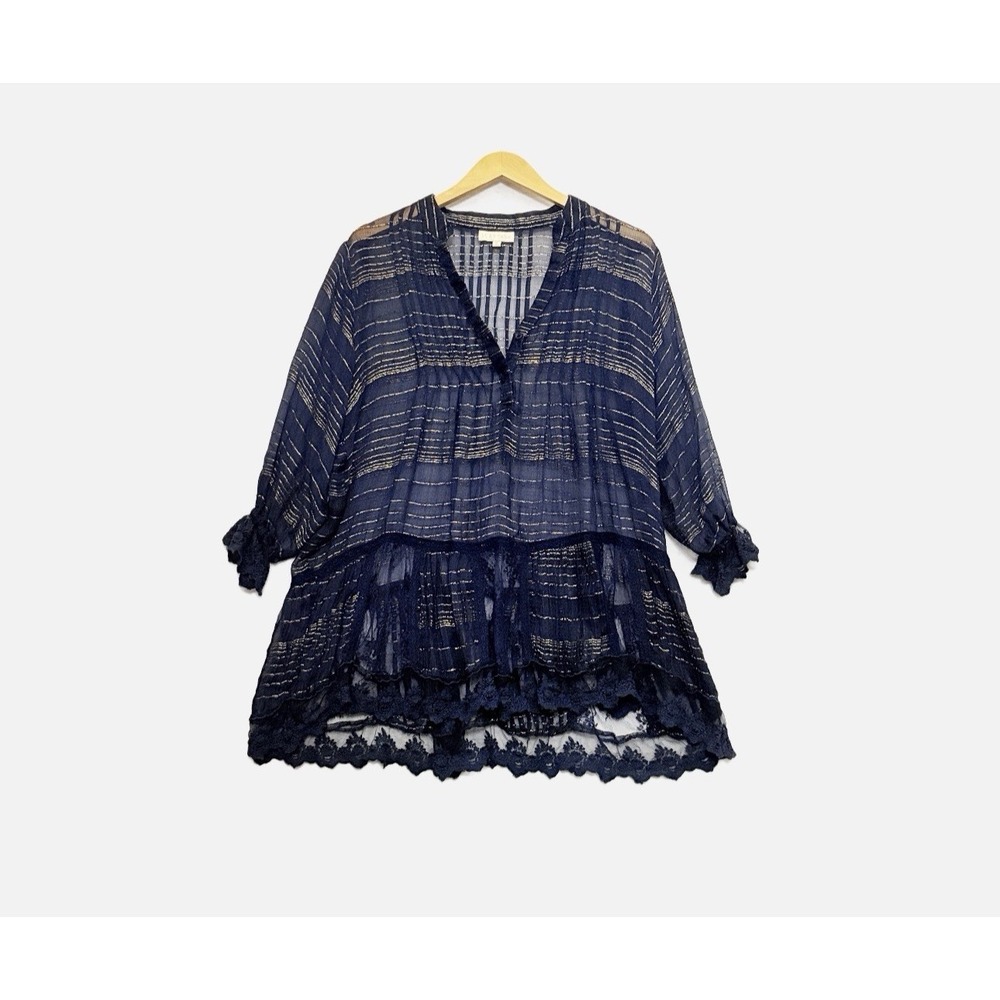 Ruby Yaya Tunic Top Sz XL Sheer Boho Festival Style Navy W/ Metallic Lace Trim